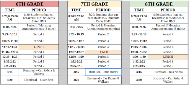 Regular daily schedule 